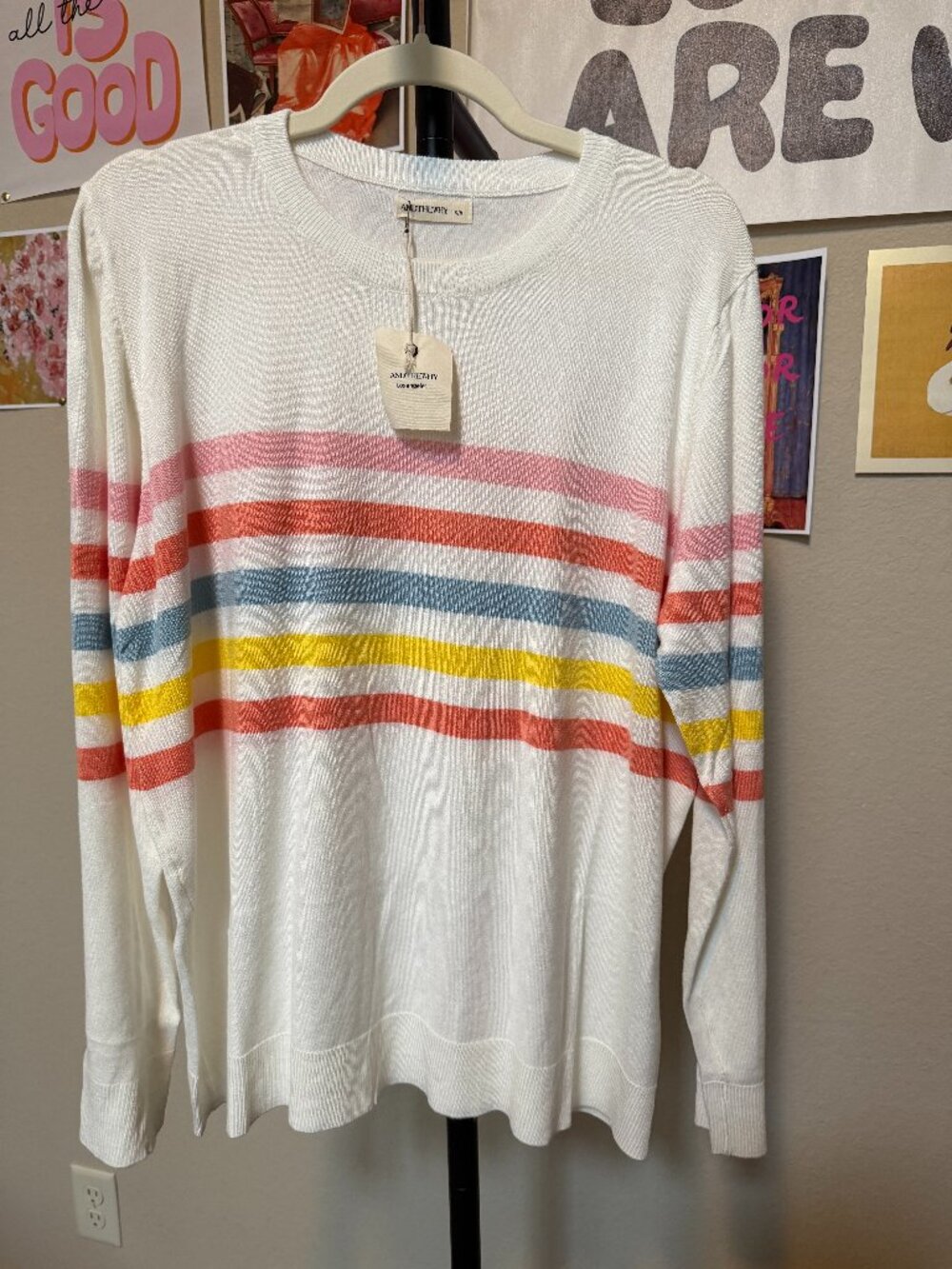 ANDTHEWHY LA Pastel Rainbow Stripe Knit Pullover Sweater Cream S/M NWT